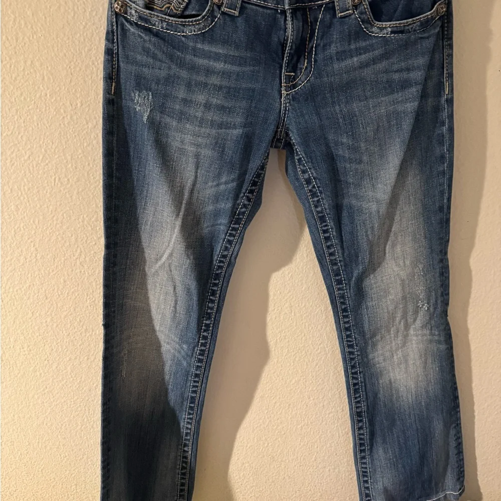 Miss Me Blue Skinny Jeans with Embellished Brown & Cream Pocket Appliqué - Picture 2 of 4